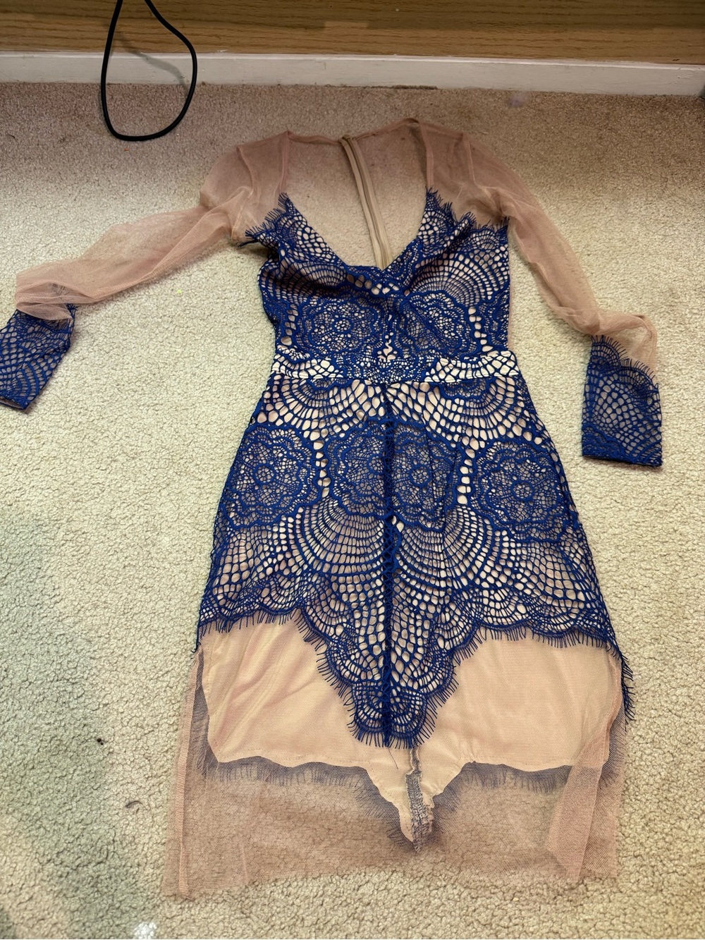 For Love & Lemons Nude and Royal Blue Lace Long Sleeve Dress